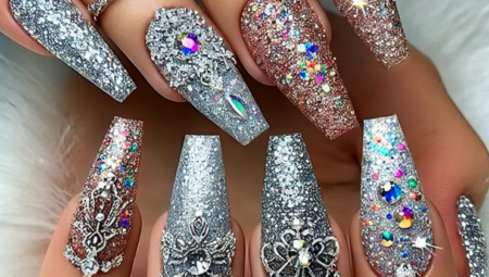 Glamorous Nails with Glitter and Rhinestones