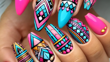 Vibrant geometric nail designs with bright colors