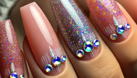 Creating Romantic Glamorous Nails with Glitter and Rhinestones