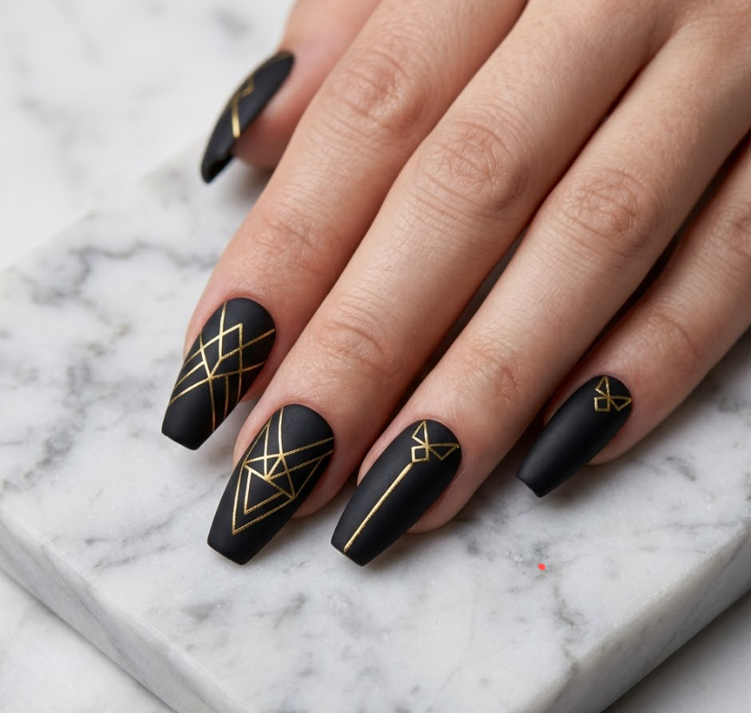 Matte Black Coffin Nails with Gold Geometric Line Art: Step-by-Step Tutorial