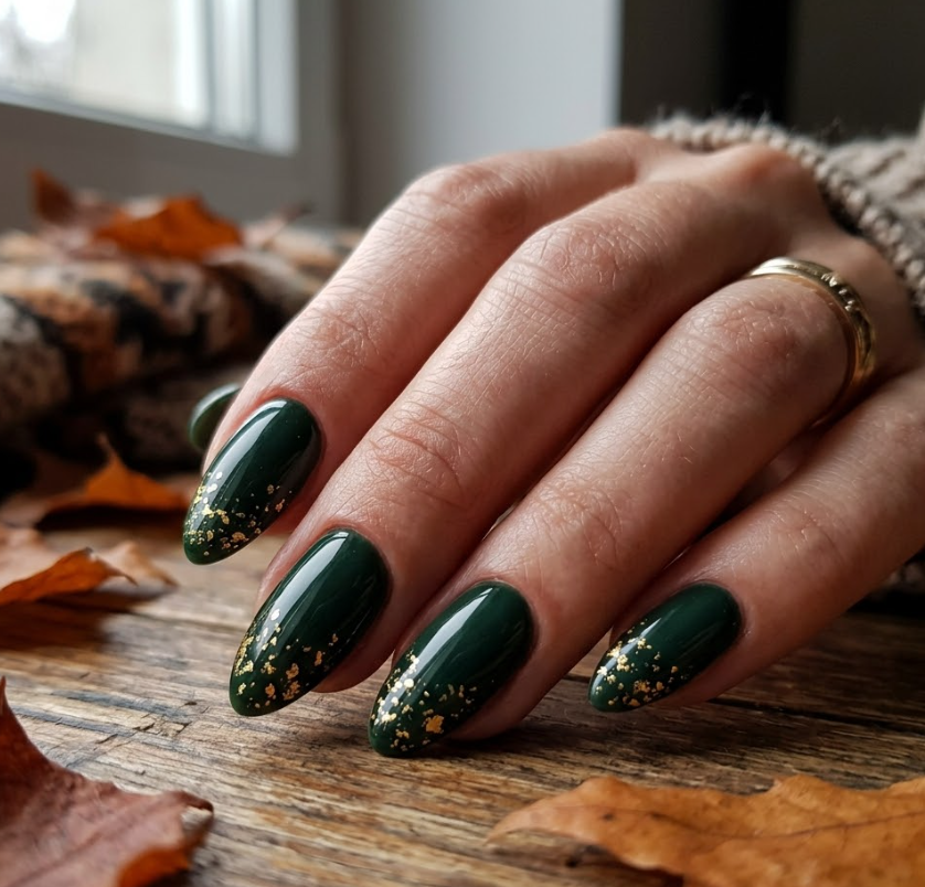 Dark Green Nails with Gold Foil Flakes: Step-by-Step Tutorial