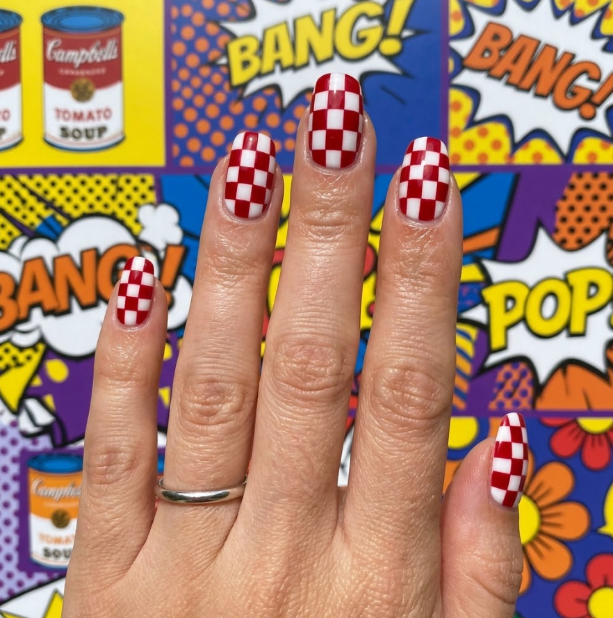 Cherry Red and White Checkerboard Nails: Step-by-Step Tutorial