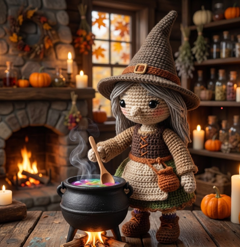 Cozy Amigurumi Witch: Free Crochet Pattern with a Tiny Cauldron